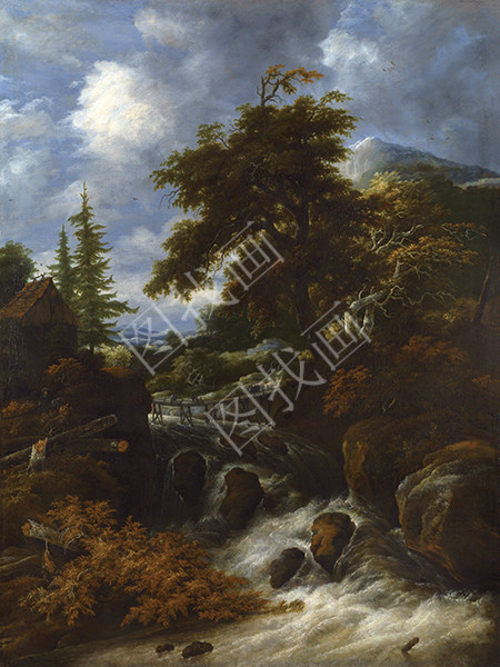 A Waterfall by a Cottage in a Hilly Landscape